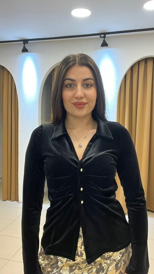 SİYAH KADİFE BELDEN OTURTMALI BLUZ XL