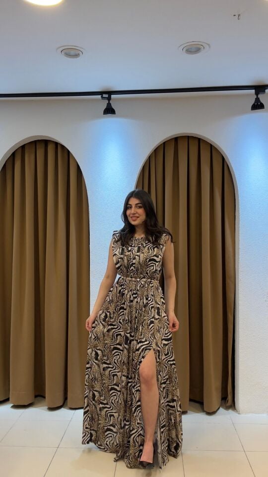 DESENLİ  ŞİFON UZUN ELBİSE