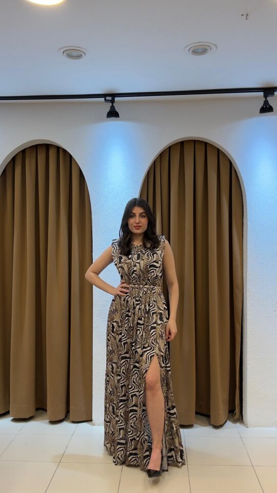 DESENLİ  ŞİFON UZUN ELBİSE