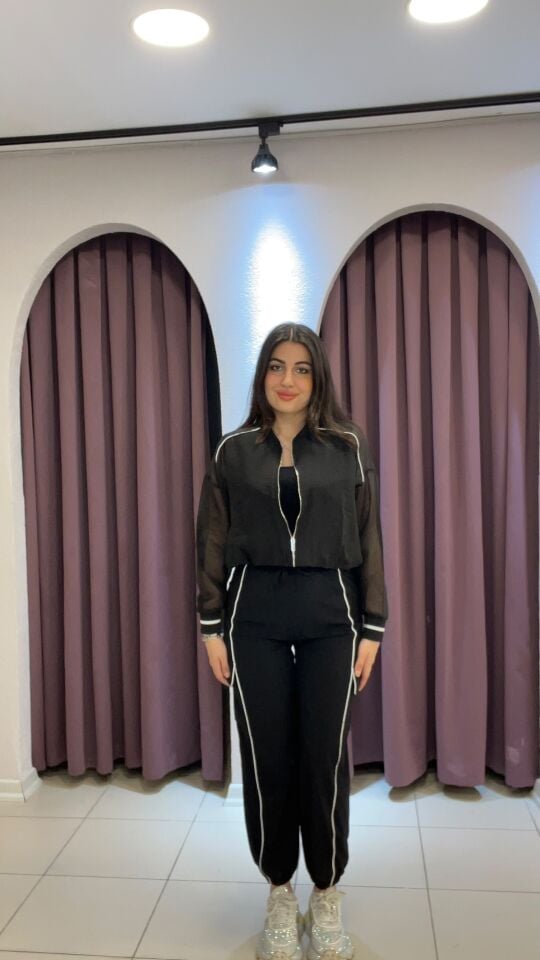 Siyah paraşüt kumaş beyaz şeritli ikili takım M
