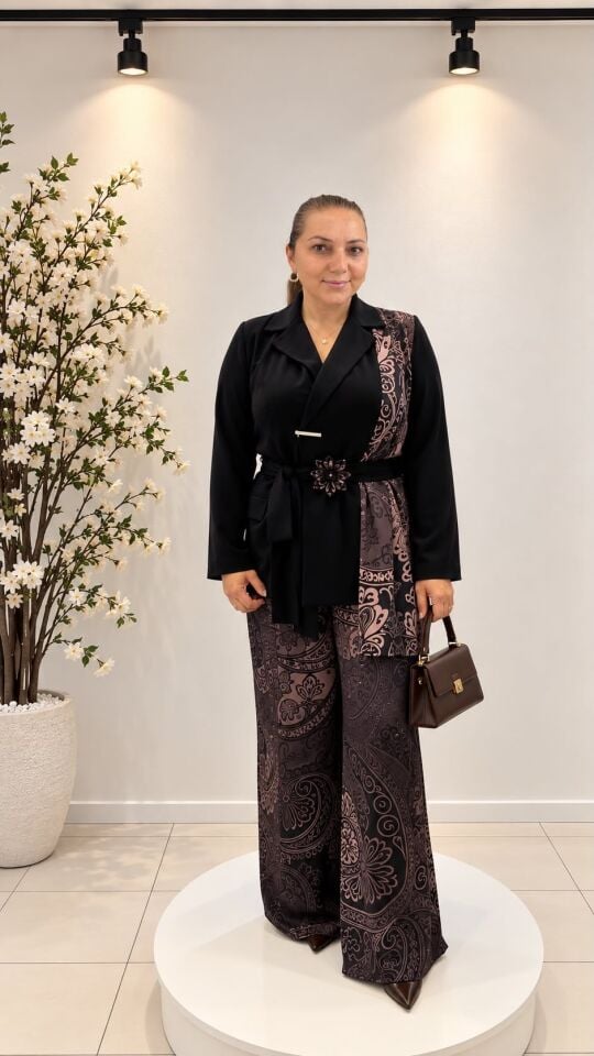 Şal Detaylı Siyah Blazer Ceket ve Desenli Bol Paça İkili Takım 48