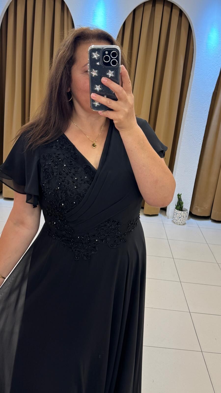 SİYAH ŞIFON DRAPELİ V YAKA TÜL ELBİSE