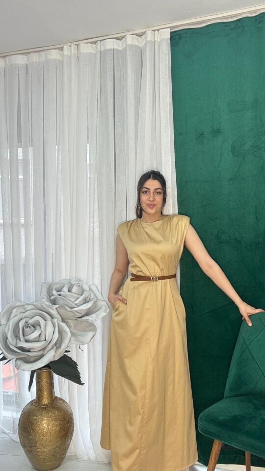 Camel Kalın askılı vatkalı kemerli uzun elbise 42