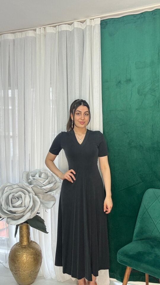 Antrasit V yaka modal kumaş günlük şık elbise 42