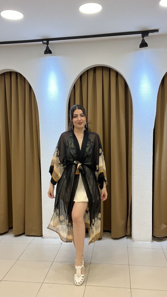 SİYAH TRANSPARAN  BELDEN BAĞLAMALI KİMONO