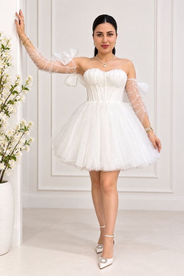 Beyaz Fiyonk Detaylı After Party Mini Elbise 36