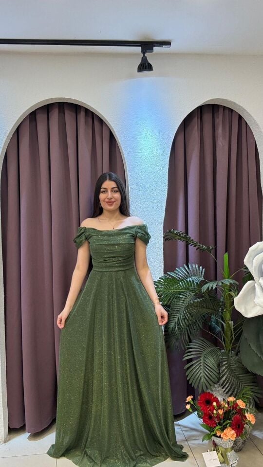 HAKİ OMUZ DETAYLI IŞILTILI ABİYE ELBİSE 42