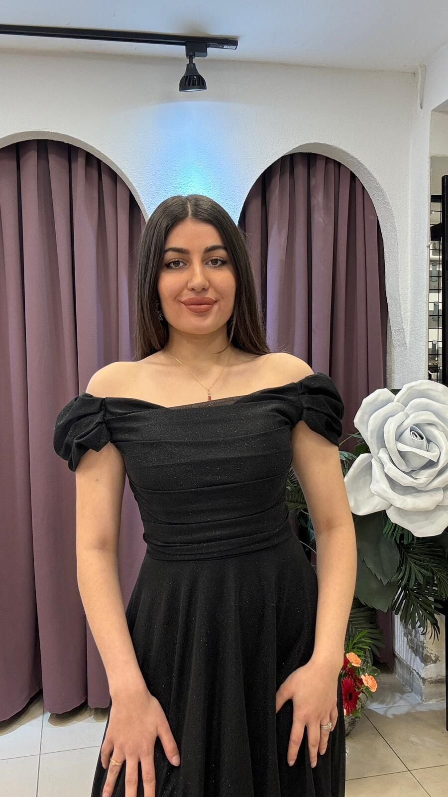 SİYAH OMUZ DETAYLI IŞILTILI ABİYE ELBİSE 38 - Kırmızı