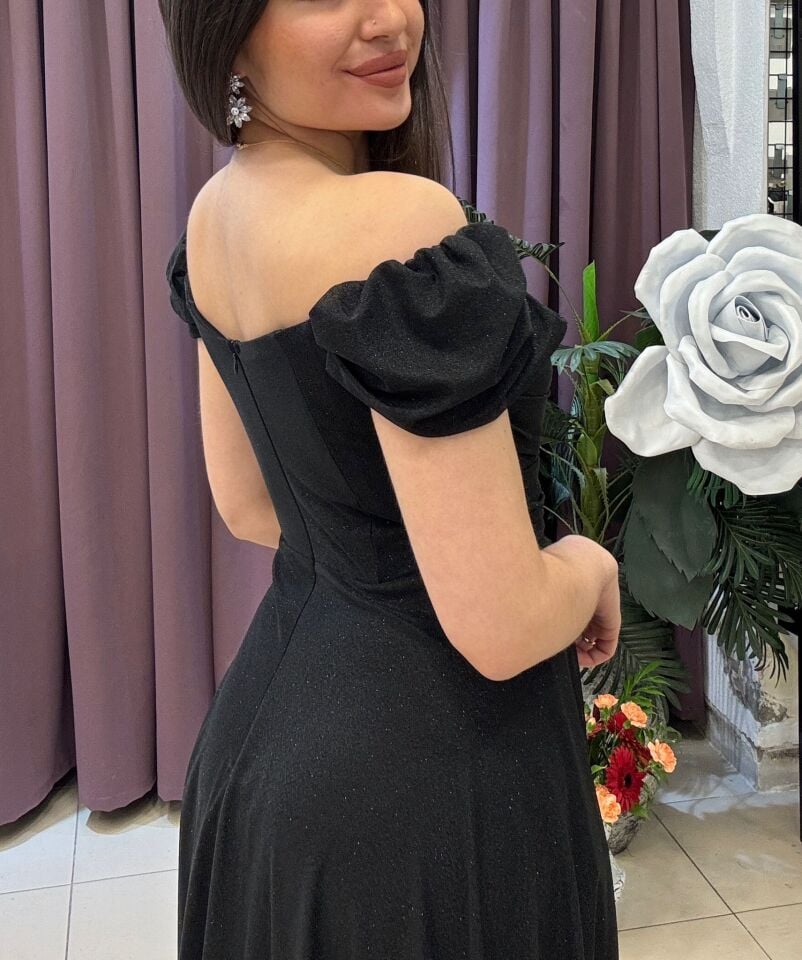 SİYAH OMUZ DETAYLI IŞILTILI ABİYE ELBİSE