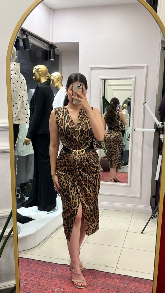  Leopar Desenli Midi Boy  Elbise 44