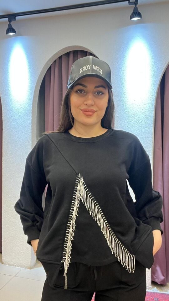SİYAH YUVARLAK YAKA TAŞLI İPLİ SWEAT M