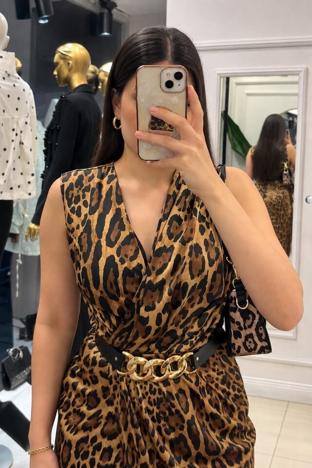 Leopar Desenli Kemer Detaylı Midi Elbise 44