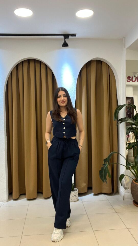 LACİVERT YELEKLİ İÇİ ASTARLI KETEN TAKIM