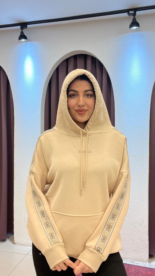 SÜTLÜ KAHVE YANLARI ŞERİTLİ KAPİŞONLU SWEAT 2XL
