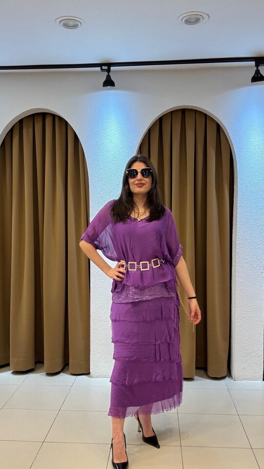 MOR İTHAL İPEK ELBİSE Standart - Mor