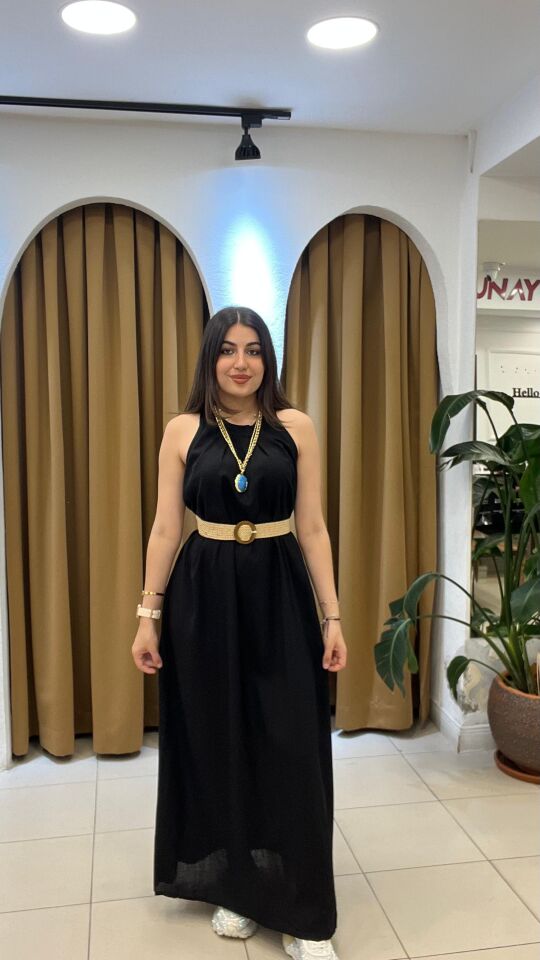 SİYAH HALTER YAKA KETEN UZUN ELBİSE