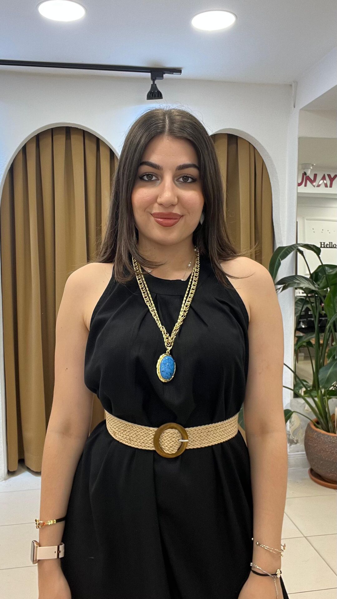 SİYAH HALTER YAKA KETEN UZUN ELBİSE