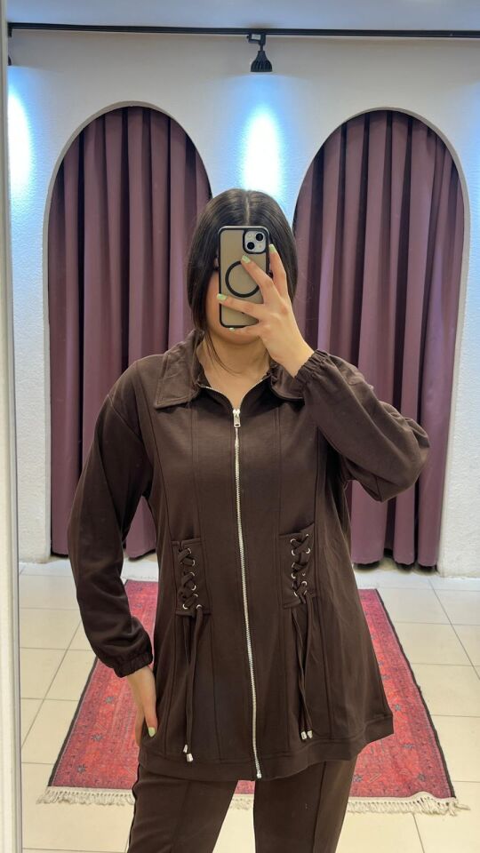 KAHVERENGİ BELLİ LASTİKLİ EŞOFMAN HIRKALI TAKIM 2XL