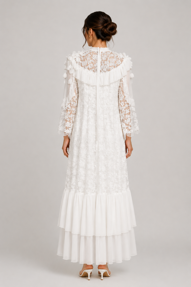 Beyaz Vintage Romantik Fransız Dantelli, Katlı Şifon Detaylı Maxi Boy Elbise 52