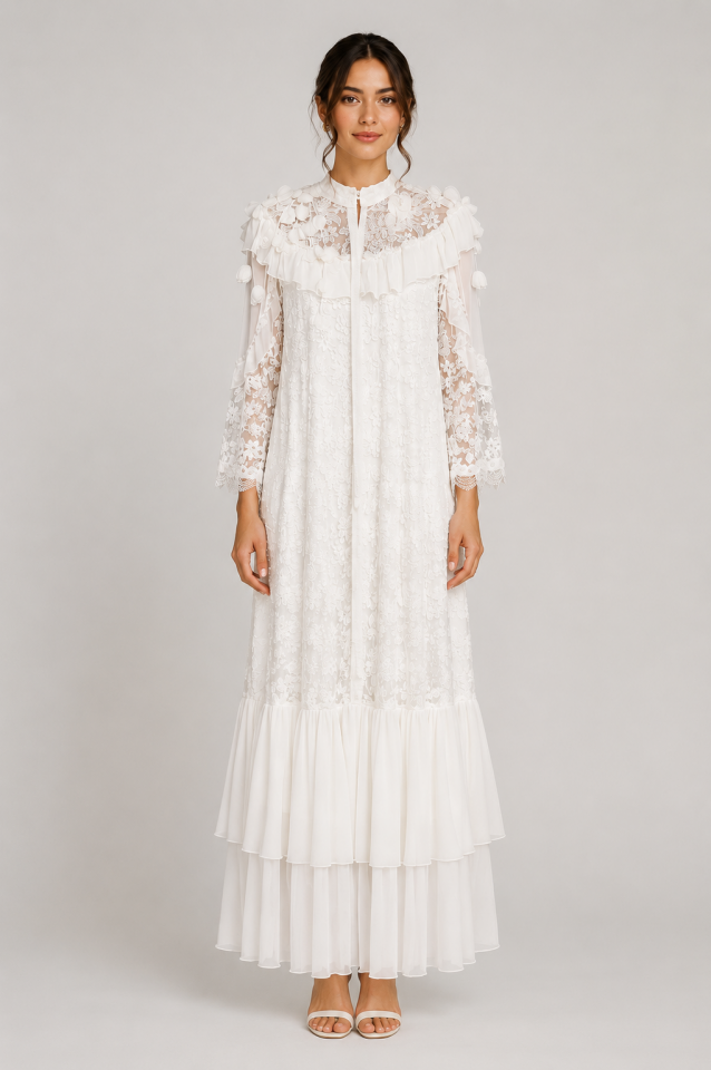 Beyaz Vintage Romantik Fransız Dantelli, Katlı Şifon Detaylı Maxi Boy Elbise 52