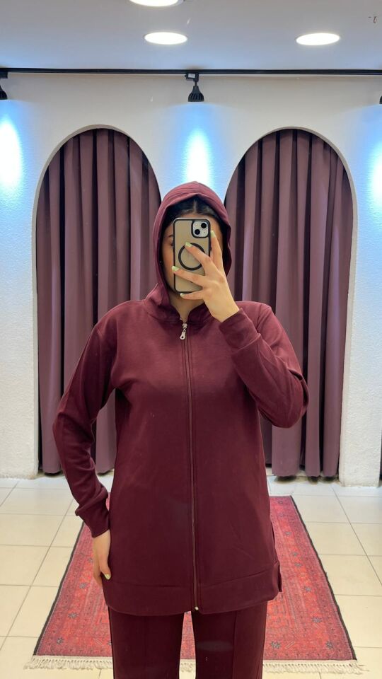 BORDO BELİ LASTİKLİ VE PAÇA DETAYI FERMUAR DETAYLI HIRKALI EŞOFMAN TAKIMI 2XL