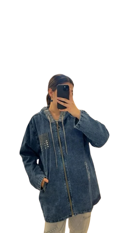 MAVİ KOT TAŞLI UZUN CEKET