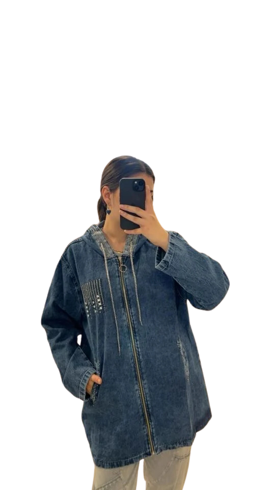 MAVİ KOT TAŞLI UZUN CEKET