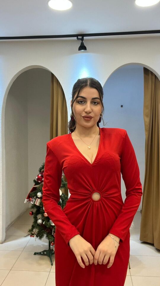 KIRMIZI V YAKA MİDİ BOY YIRTMAÇ ELBİSE