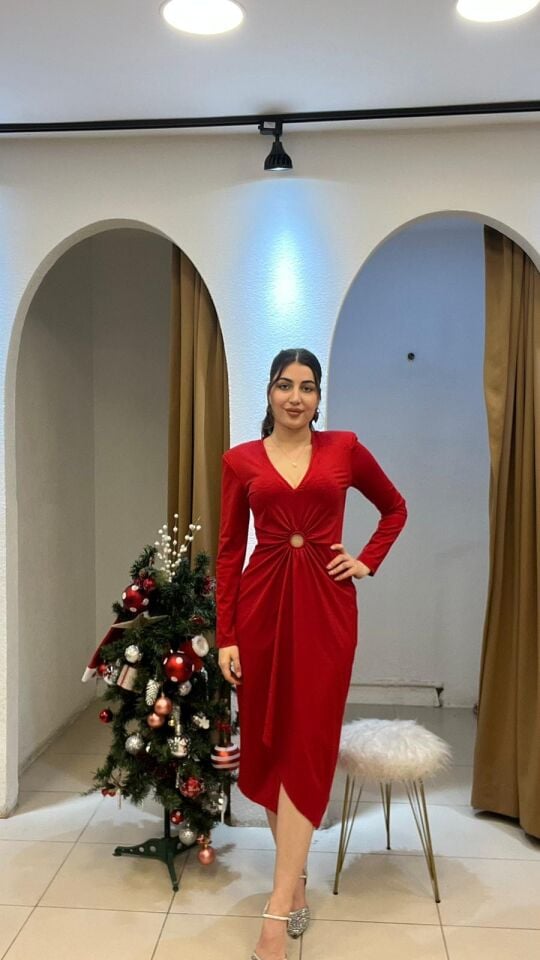 KIRMIZI V YAKA MİDİ BOY YIRTMAÇ ELBİSE 44