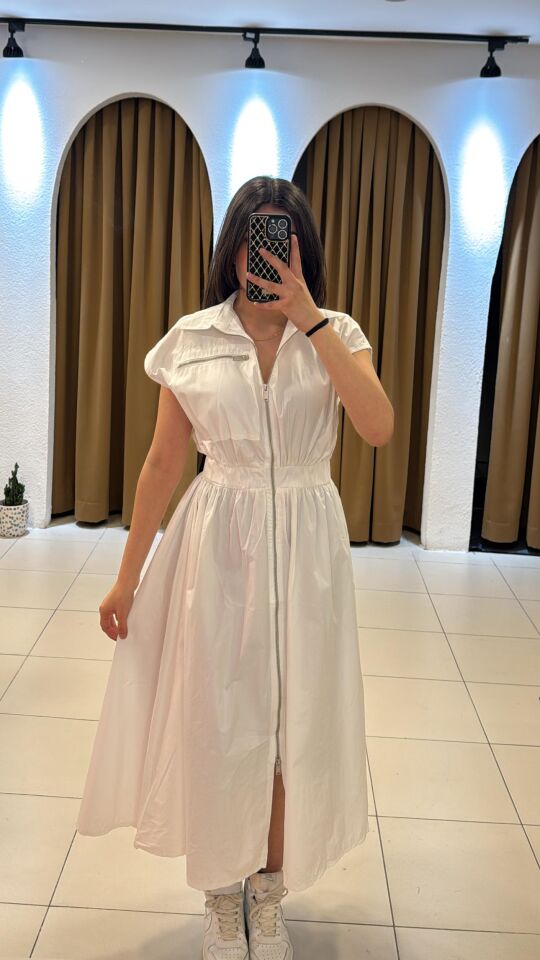 BEYAZ FERMUARLI ELBİSE