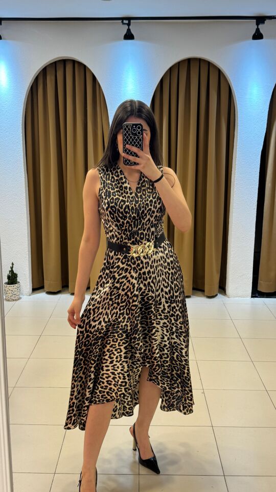 Leopar Asimetrik Kesim Elbise 38
