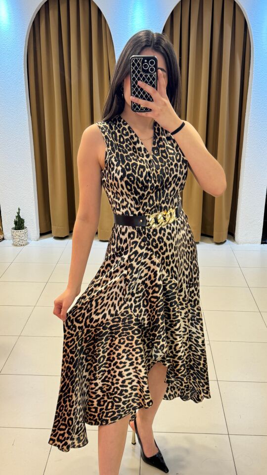LEOPAR ASİMETRİK KESİM ELBİSE