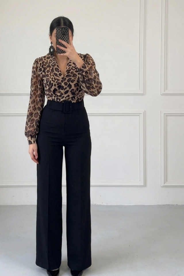 Leopar Desen Şifon Tulum 38