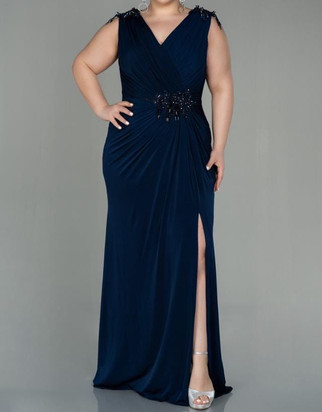 LACİVERT V YAKA SİMLİ ELBİSE