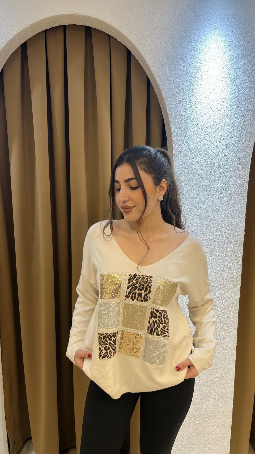 BEJ  LEOPAR VE SİM DETAYLI KAZAK