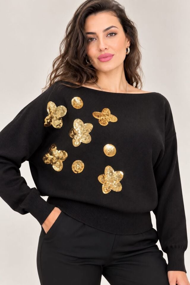 Siyah Gold Payet Çiçek Detaylı Kayık Yaka Triko Standart