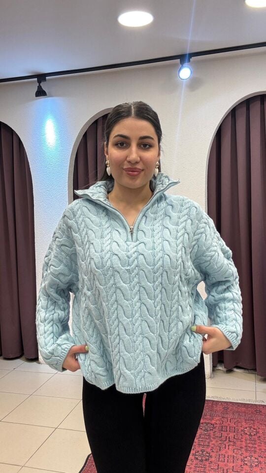 BEBE MAVİSİ ÖNÜ FERMUAR DETAYLI SAÇ ÖRGÜLÜ KAZAK 46