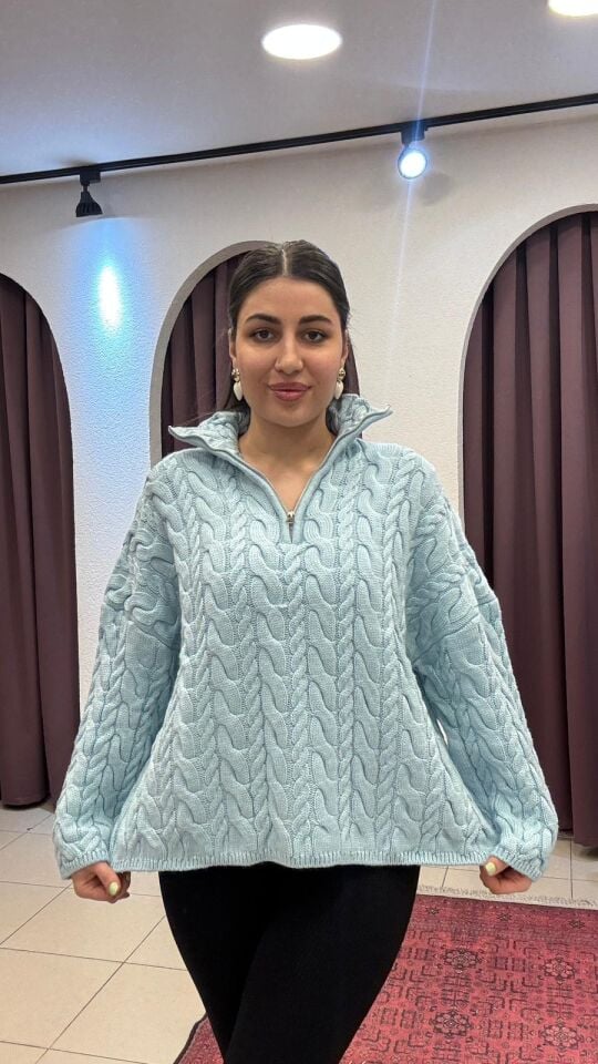 BEBE MAVİSİ ÖNÜ FERMUAR DETAYLI SAÇ ÖRGÜLÜ KAZAK 46