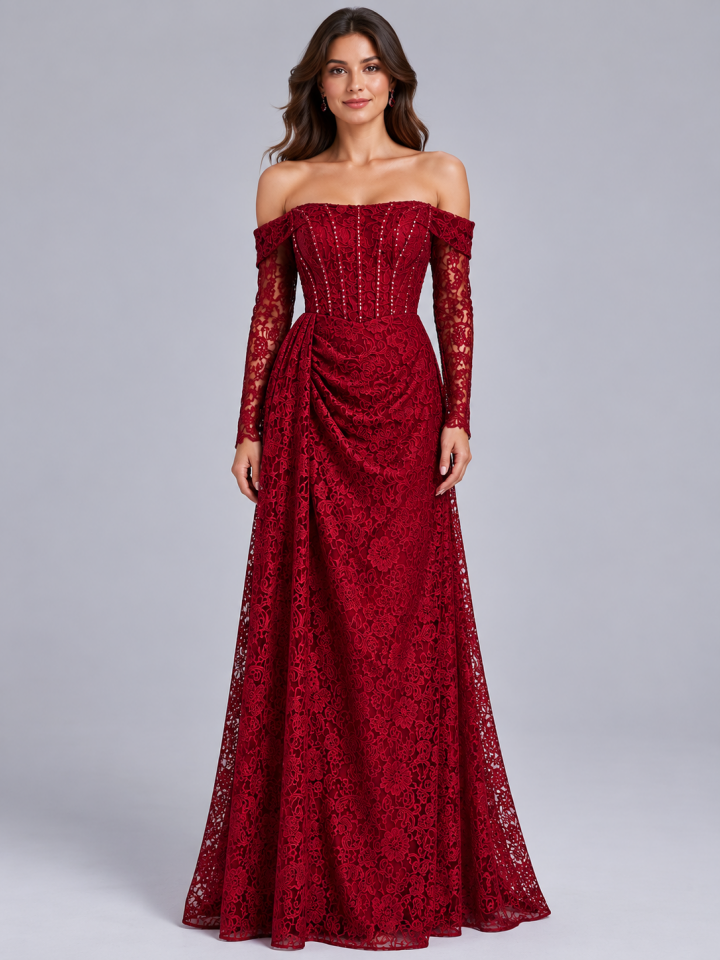 Bordo Dantelli Straplez Eldivenli Balık Model Abiye 42