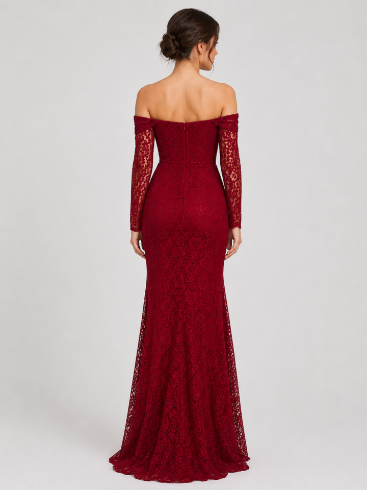 Bordo Dantelli Straplez Eldivenli Balık Model Abiye 40