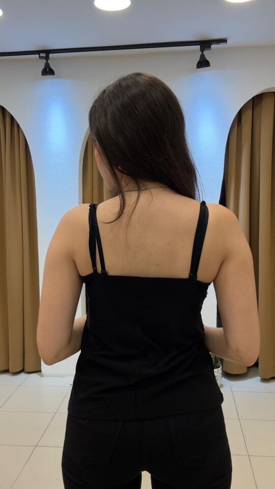 SİYAH İP ASKILI DANTELLİ ATLET