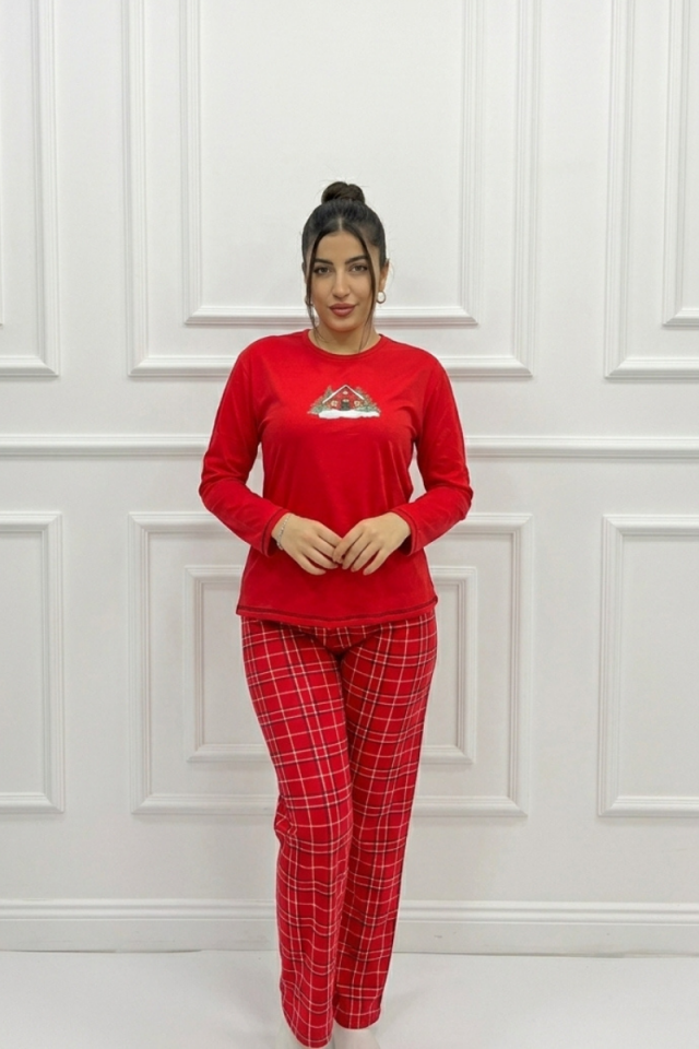 KIRMIZI YILBAŞI TEMALI YUMUŞAK DOKULU PİJAMA TAKIMI XL