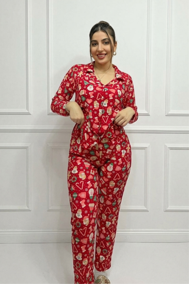 KIRMIZI YILBAŞI TEMALI YUMUŞAK DOKU SÜET ÖRME PİJAMA TAKIMI 2XL