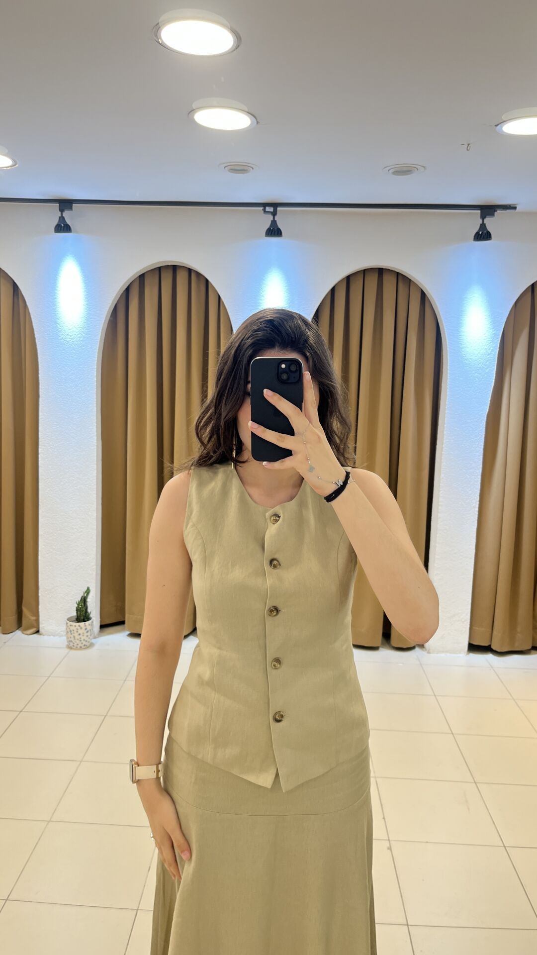 AÇIK KAHVE YELEKLİ KETEN TAKIM