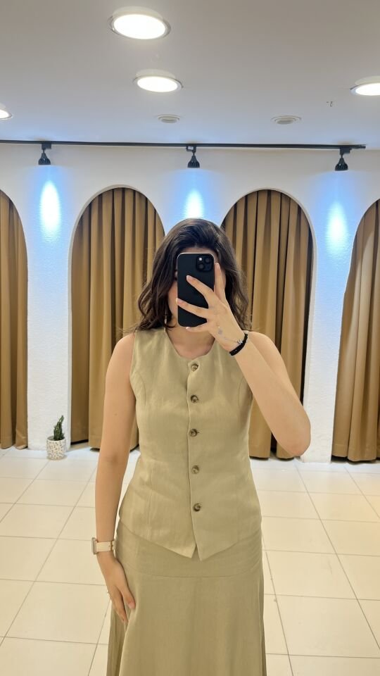 AÇIK KAHVE YELEKLİ KETEN TAKIM