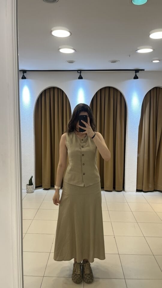 AÇIK KAHVE YELEKLİ KETEN TAKIM