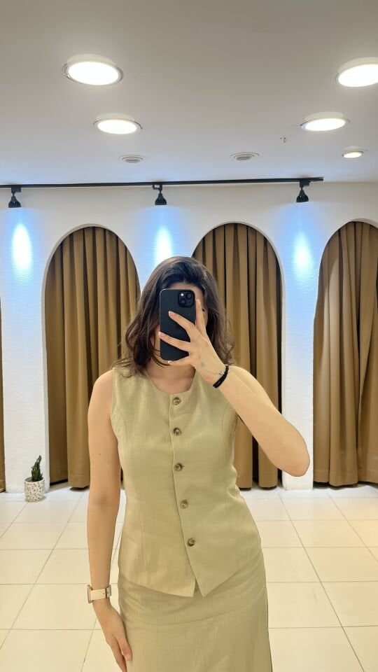 AÇIK KAHVE YELEKLİ KETEN TAKIM