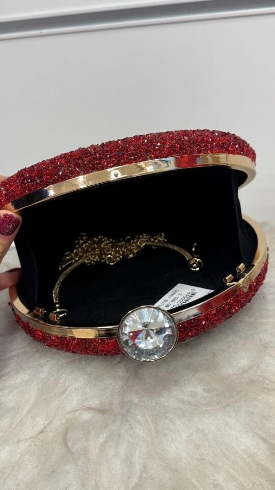 KIRMIZI TAŞLI PREMİUM GOLD DETAYLI ABİYE ÇANTA Kırmızı