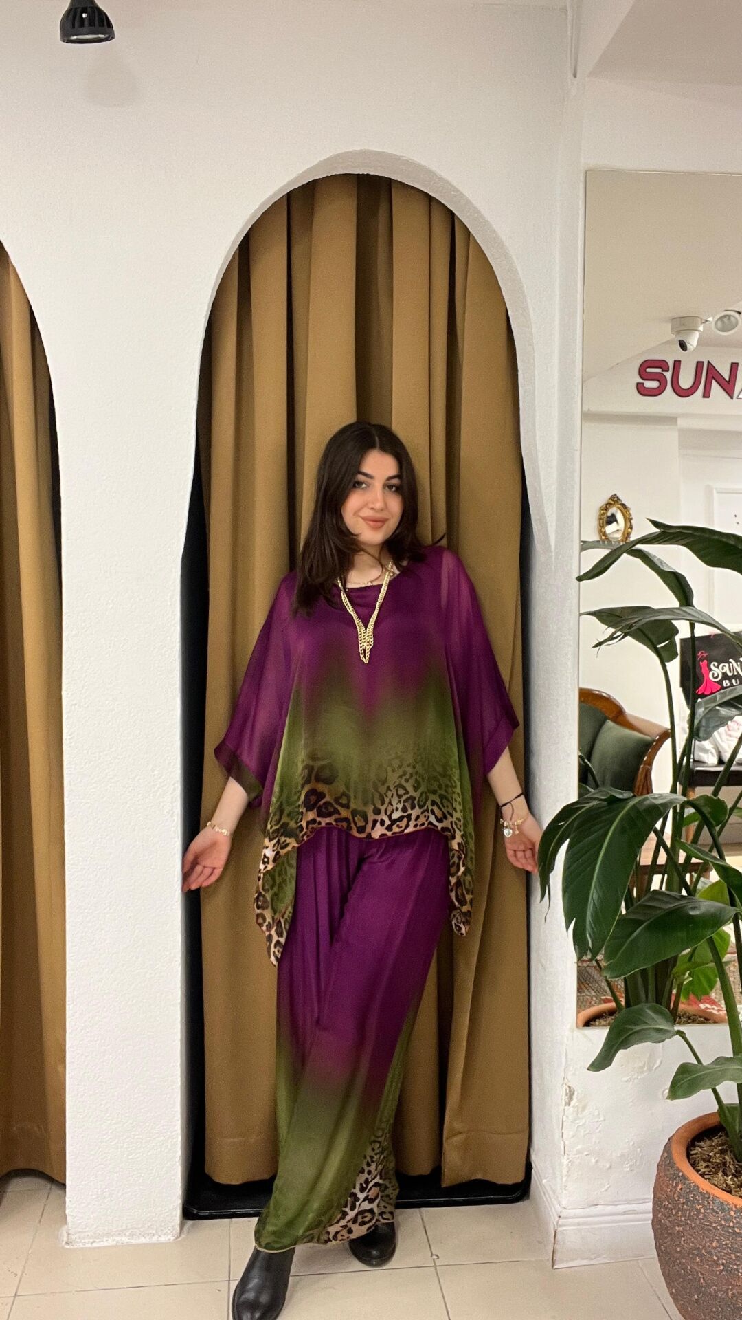 MOR  LEOPAR  DESENLİ ŞİFON TAKIM