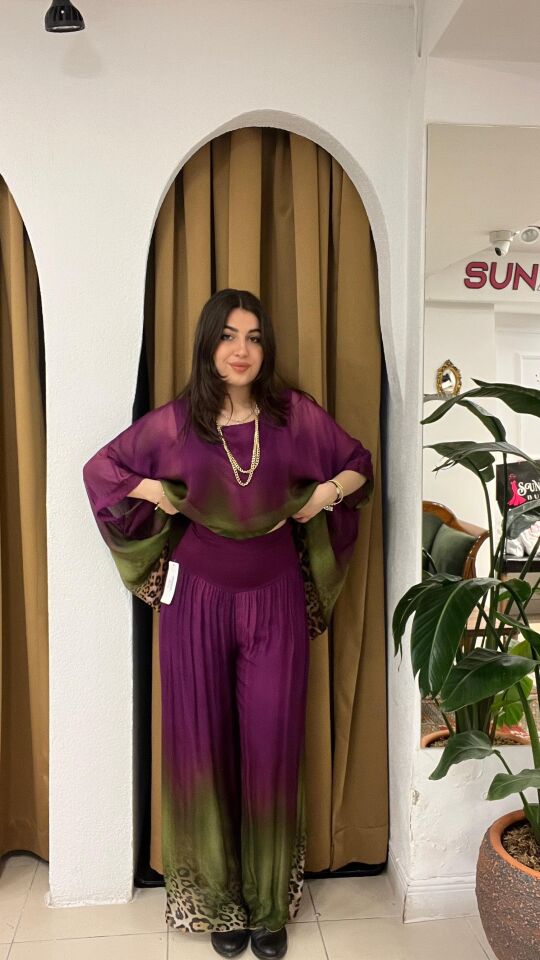 MOR  LEOPAR  DESENLİ ŞİFON TAKIM